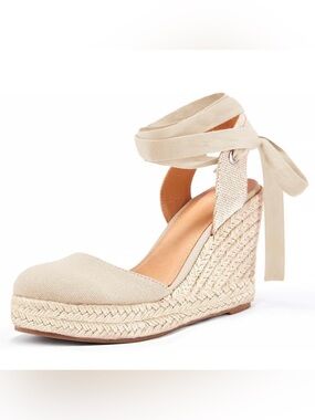 Ermonn Women’s Canvas Espadrille Wedge Sandals with Ankle Tie in Nude - US 9